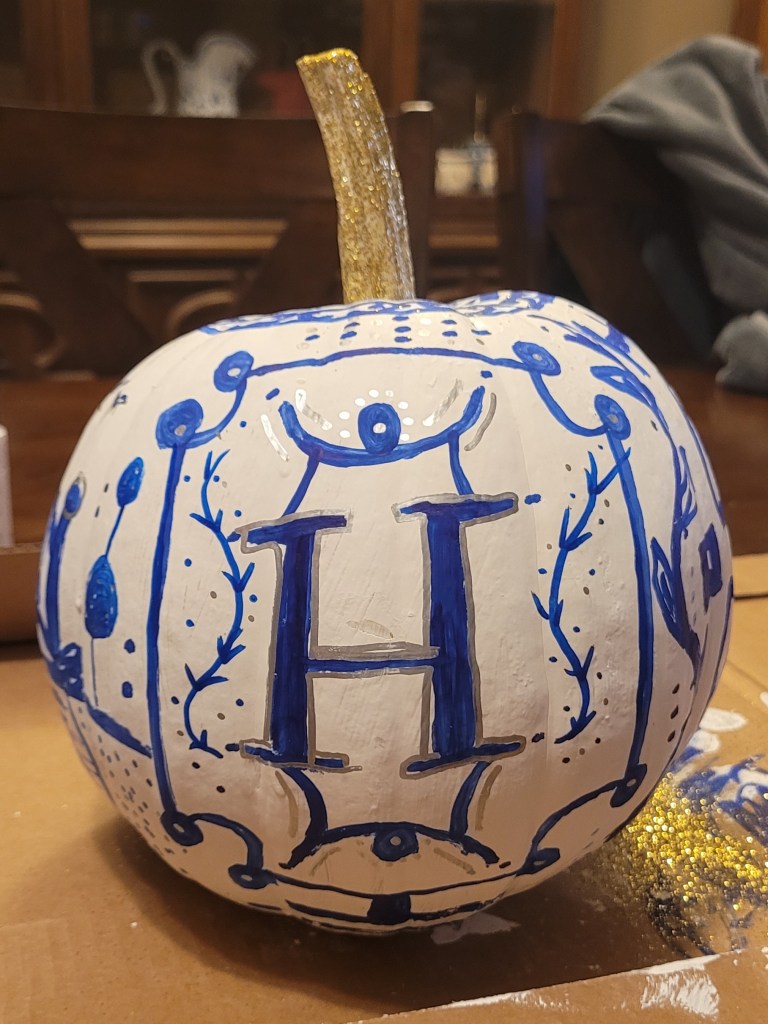 Pain in the Neck - It Could Be Worse Blog - chinoiserie pumpkin blue and white monogram crest